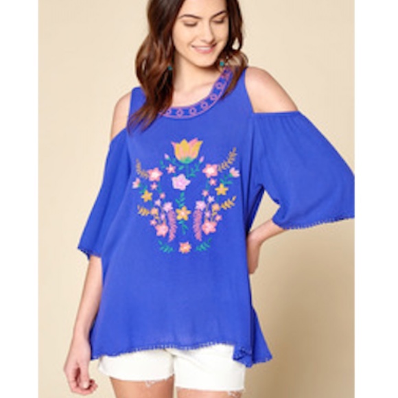 ODDY Tops - 🌟 “The Brooke" Royal Blue Floral Embroidered Cold-shoulder Top